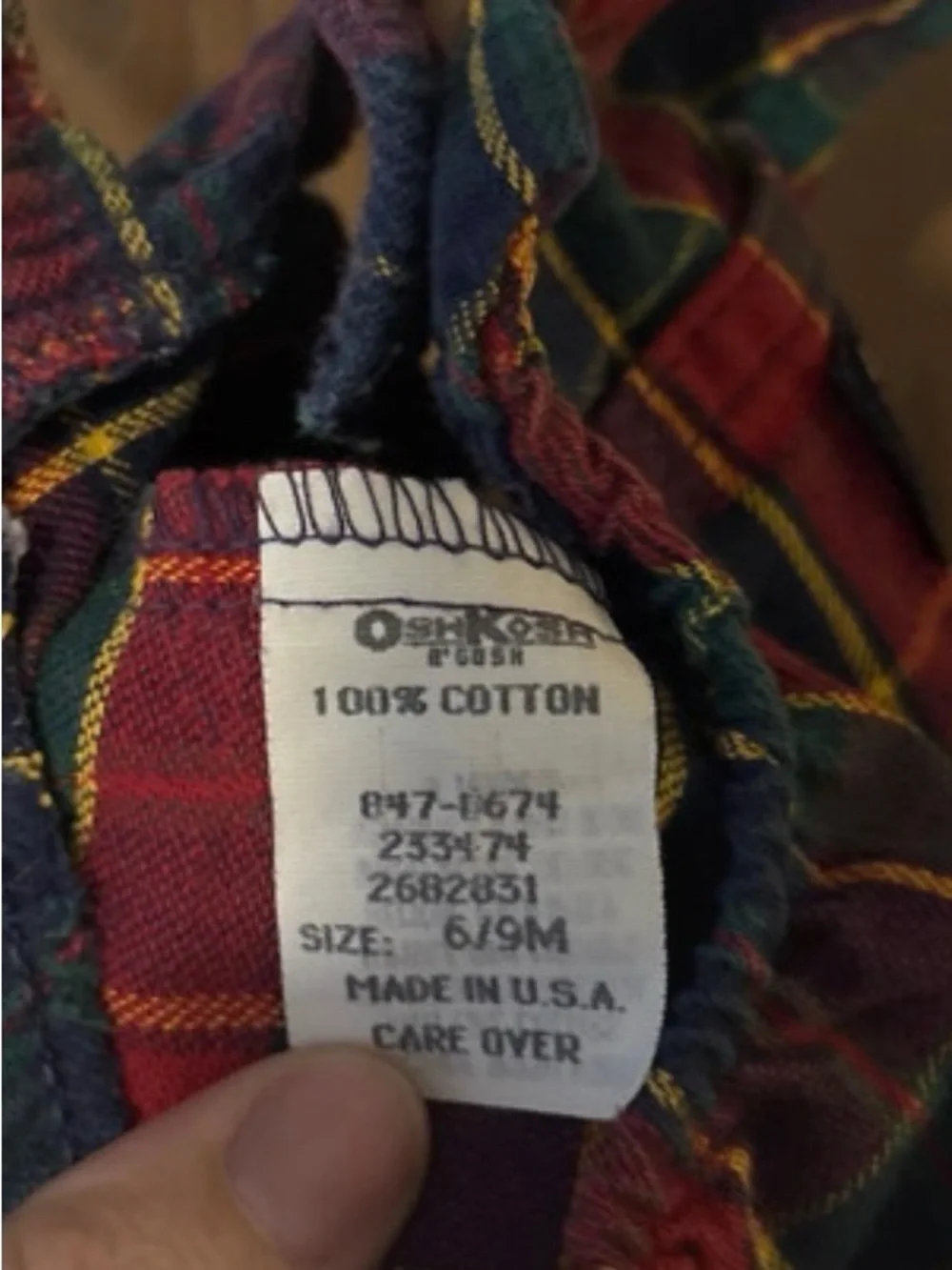 Vintage paper tag OshKosh B'gosh Plaid Overalls in Red, Green & Navy